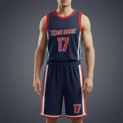 Custom sublimated basketball uniform kit featuring a jersey and shorts in durable, smooth 150G Interlock fabric.