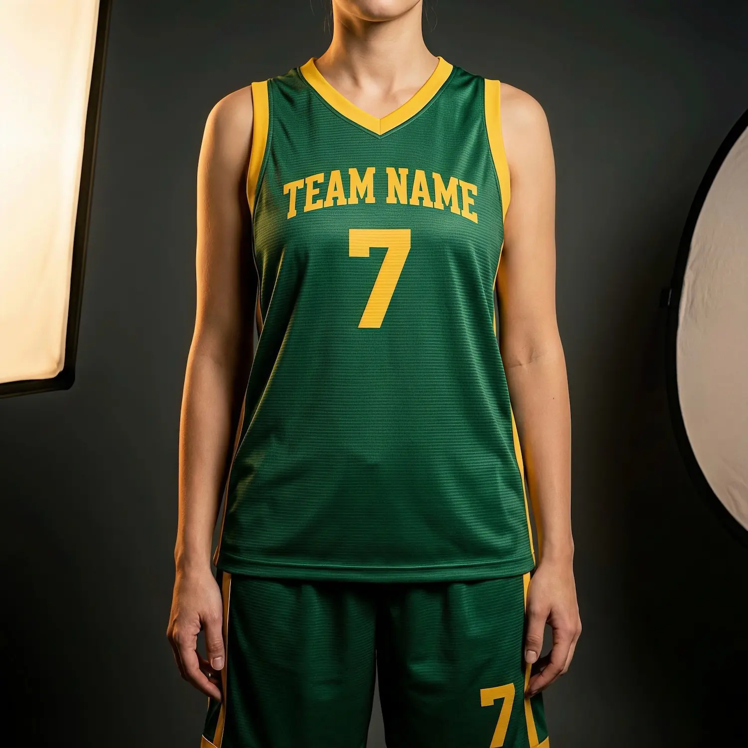 Women's-specific V-neck basketball uniform kit with a classic collar, contoured fit, and ultra-lightweight 50D 100G mesh.