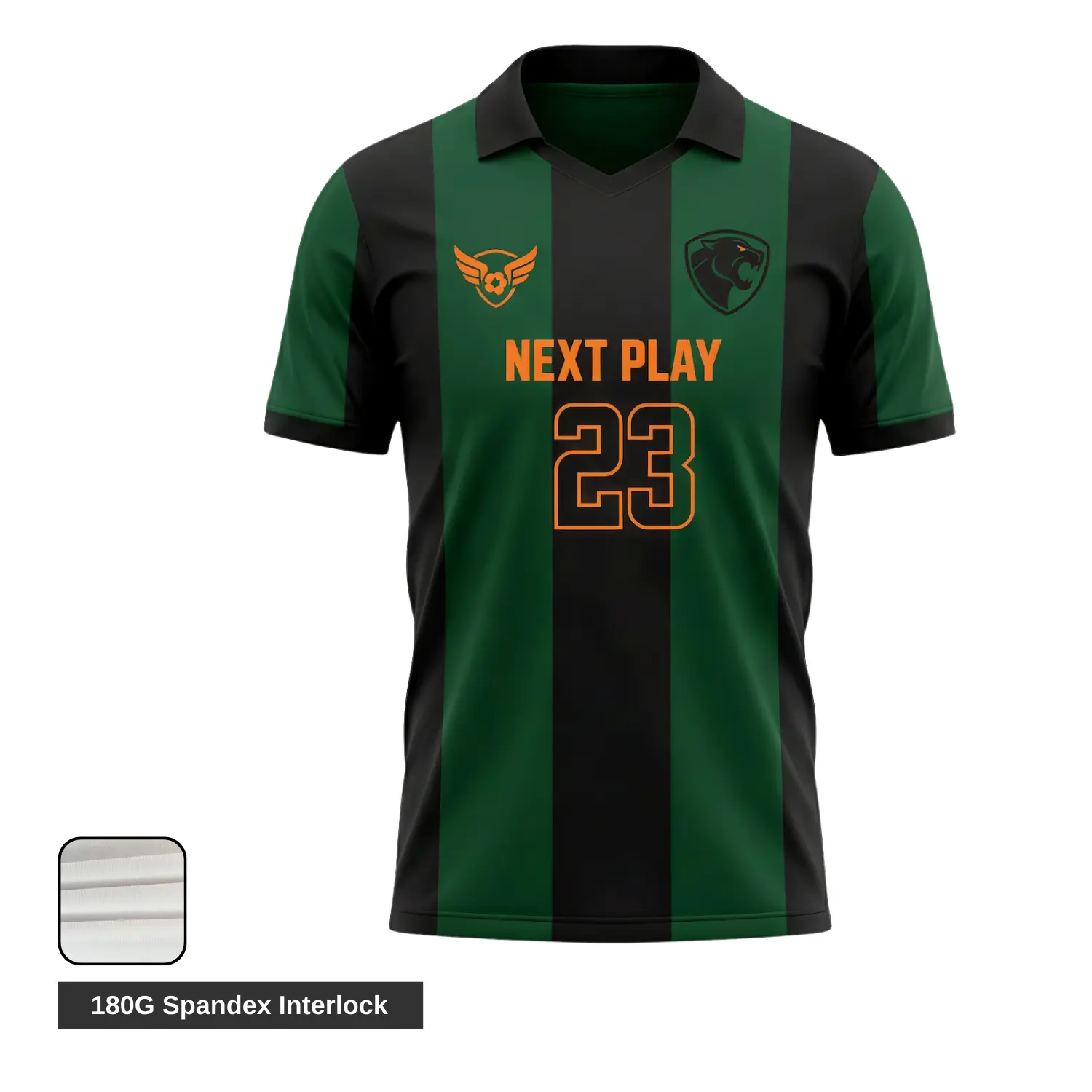 Soccer team wearing custom black and silver performance jerseys with structured lapel V-neck collars