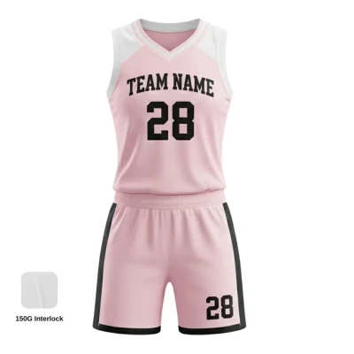 Women's-specific V-neck basketball uniform kit with a classic collar, contoured fit, and durable 150G Interlock fabric.