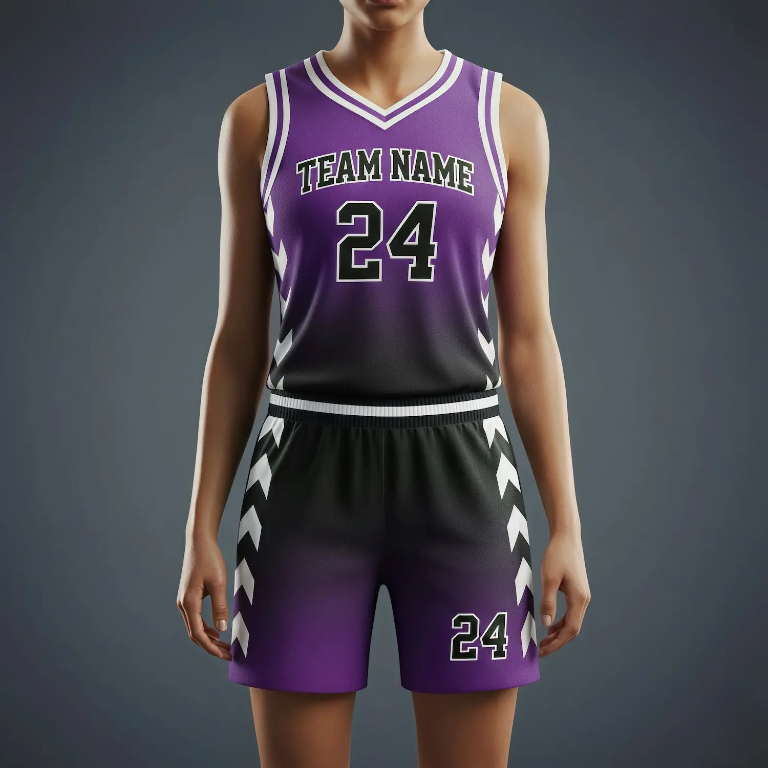 Women's-specific V-neck basketball uniform kit with a classic collar, contoured fit, and the intricate woven texture of 160G Jacquard fabric.