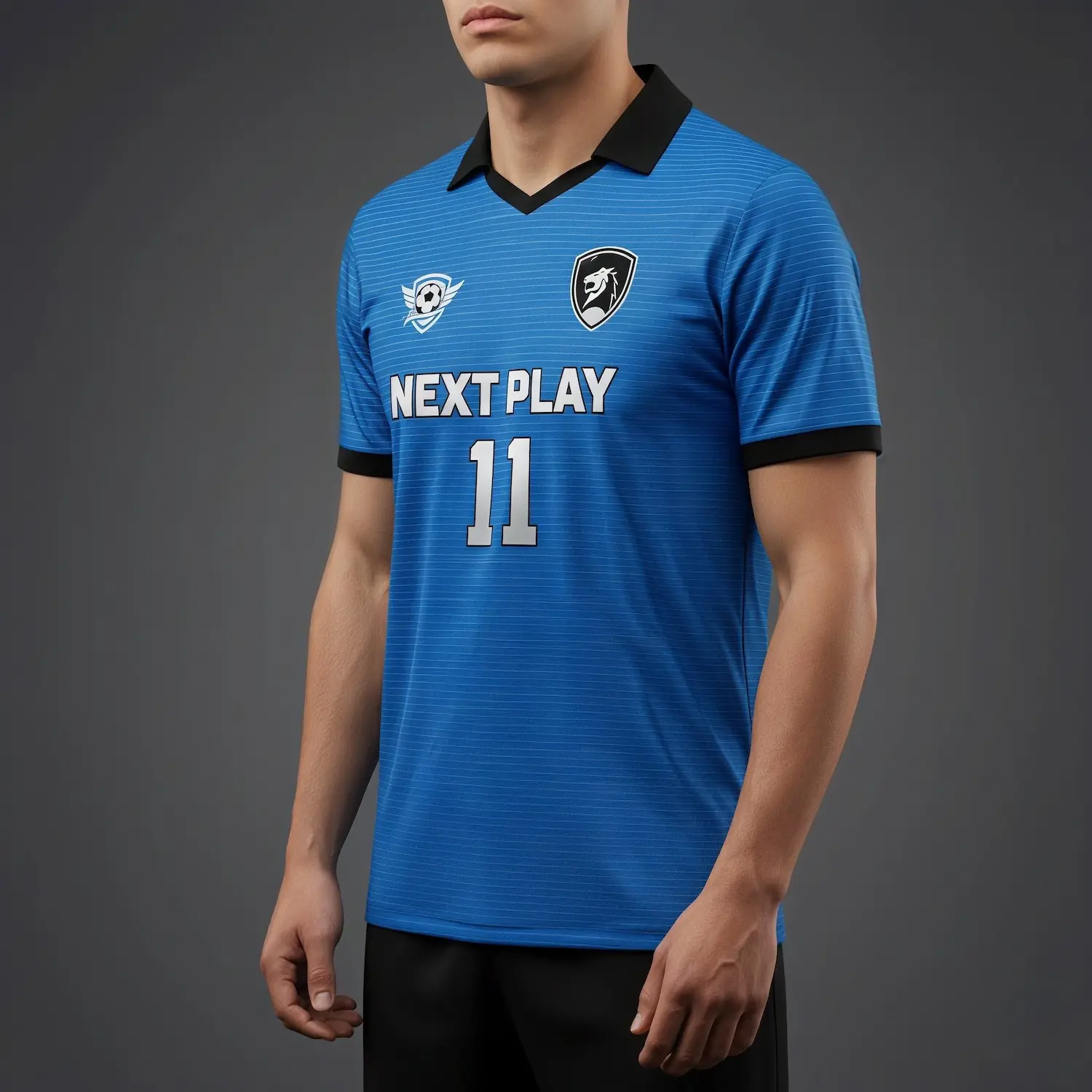 Soccer team wearing custom grey and blue performance mesh jerseys with structured lapel V-neck collars