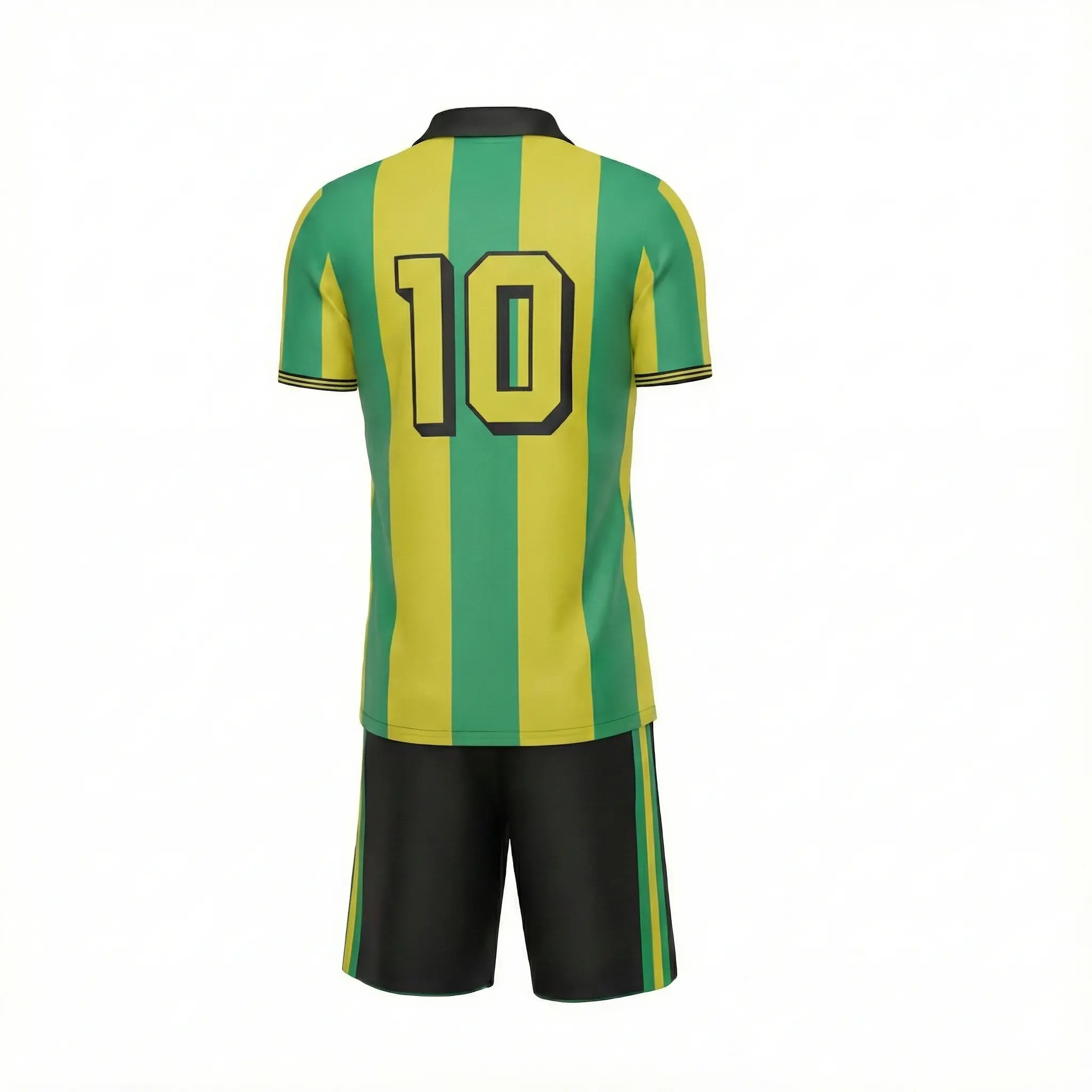 Soccer team wearing complete uniform sets with flat lapel neck jerseys and matching shorts