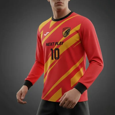 Soccer player wearing long sleeve jersey with folded stitch cuffs and round neck during cool weather training