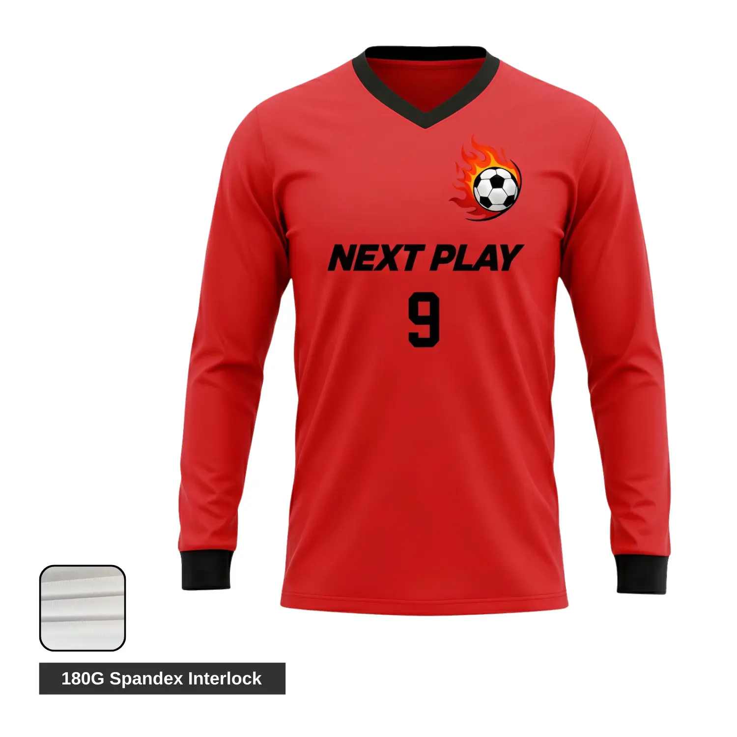 Athlete in a long sleeve spandex V-neck soccer jersey demonstrating stretch and movement