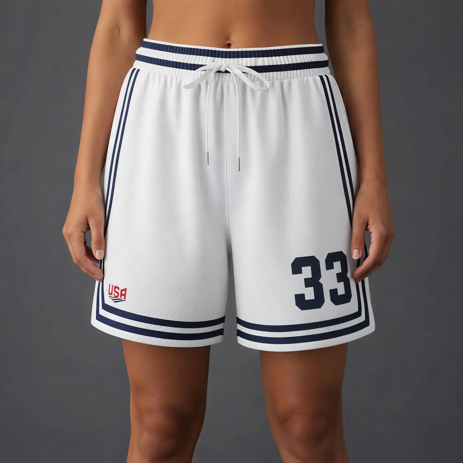 Women and teen wearing matching modern 2-inch shorter basketball shorts made from jacquard fabric