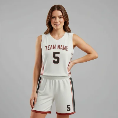 Women's-specific Flashed V Fabric basketball uniform kit with a smooth sublimated exterior and a cooling inner lining, tailored for a contoured fit.