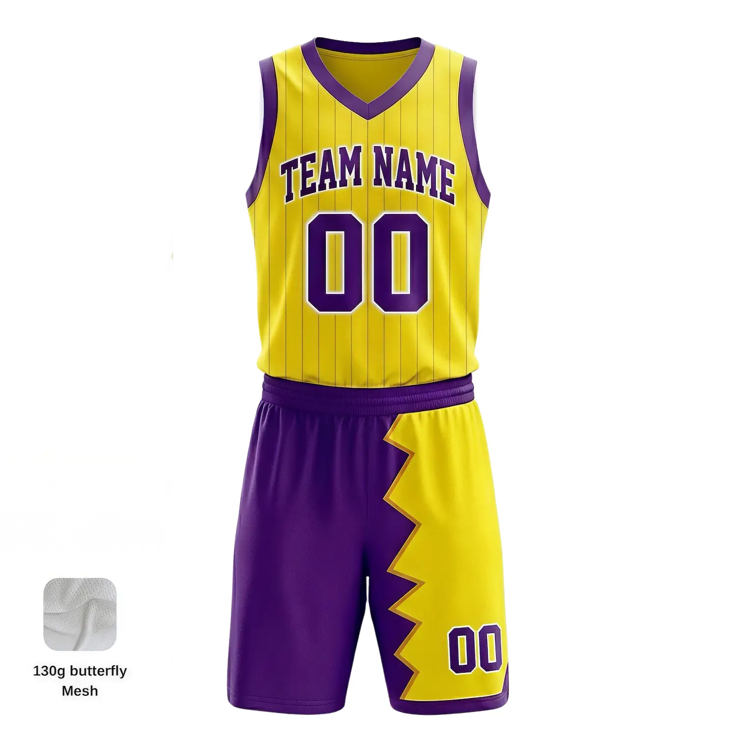 V-neck basketball uniform kit with a classic collar and textured 130G Butterfly Mesh fabric for enhanced cooling.