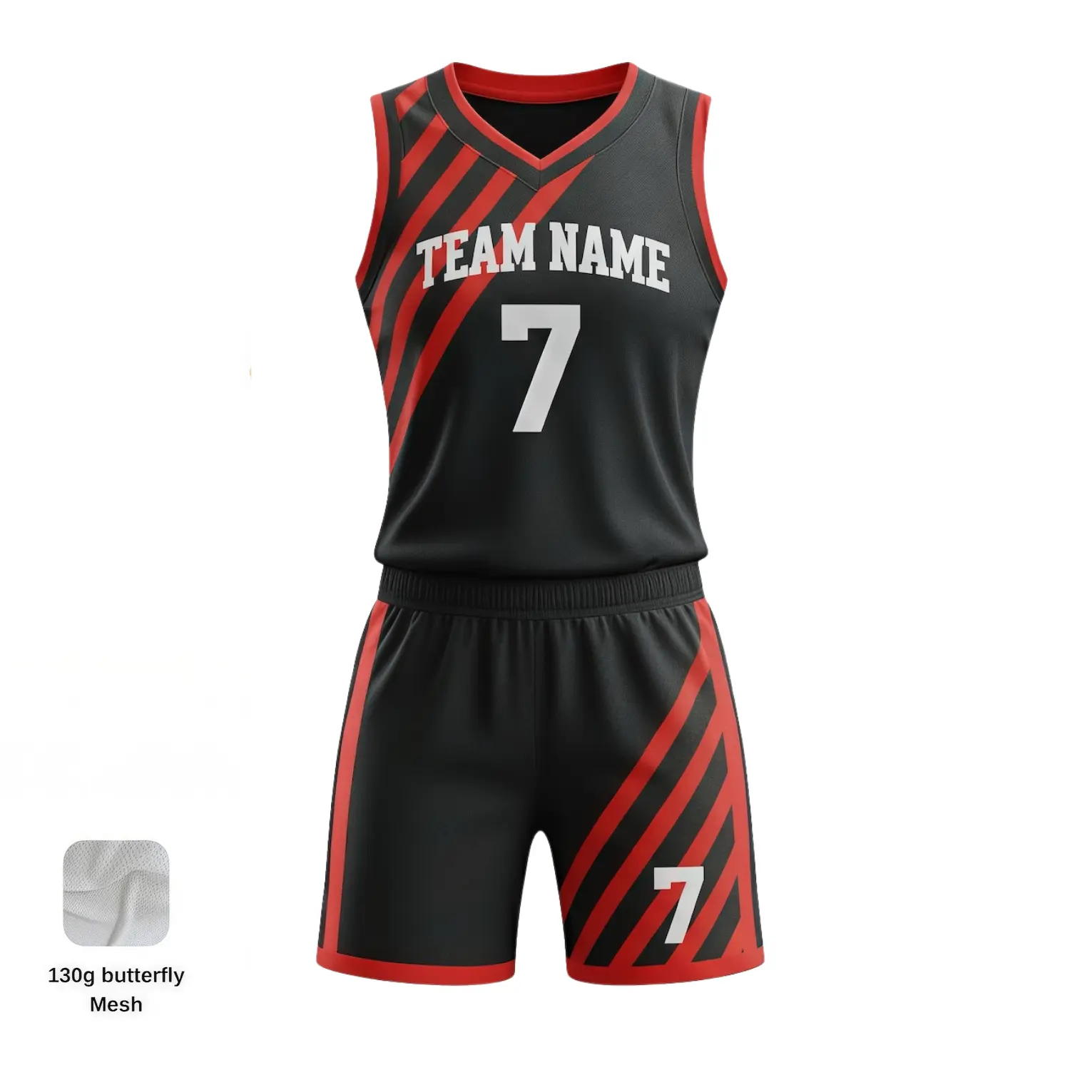 Women's-specific V-neck basketball uniform kit with a classic collar, contoured fit, and textured 130G Butterfly Mesh fabric.