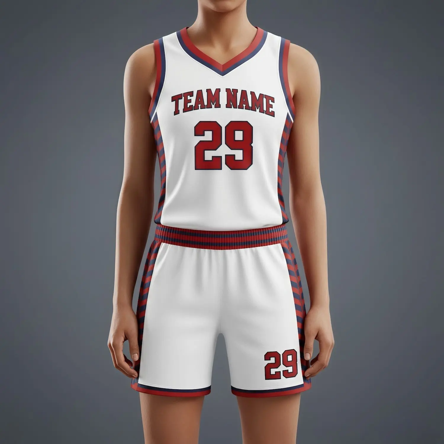 Women's-specific V-neck basketball uniform kit with a classic collar, contoured fit, and maximum ventilation 150G Short Hole Mesh.
