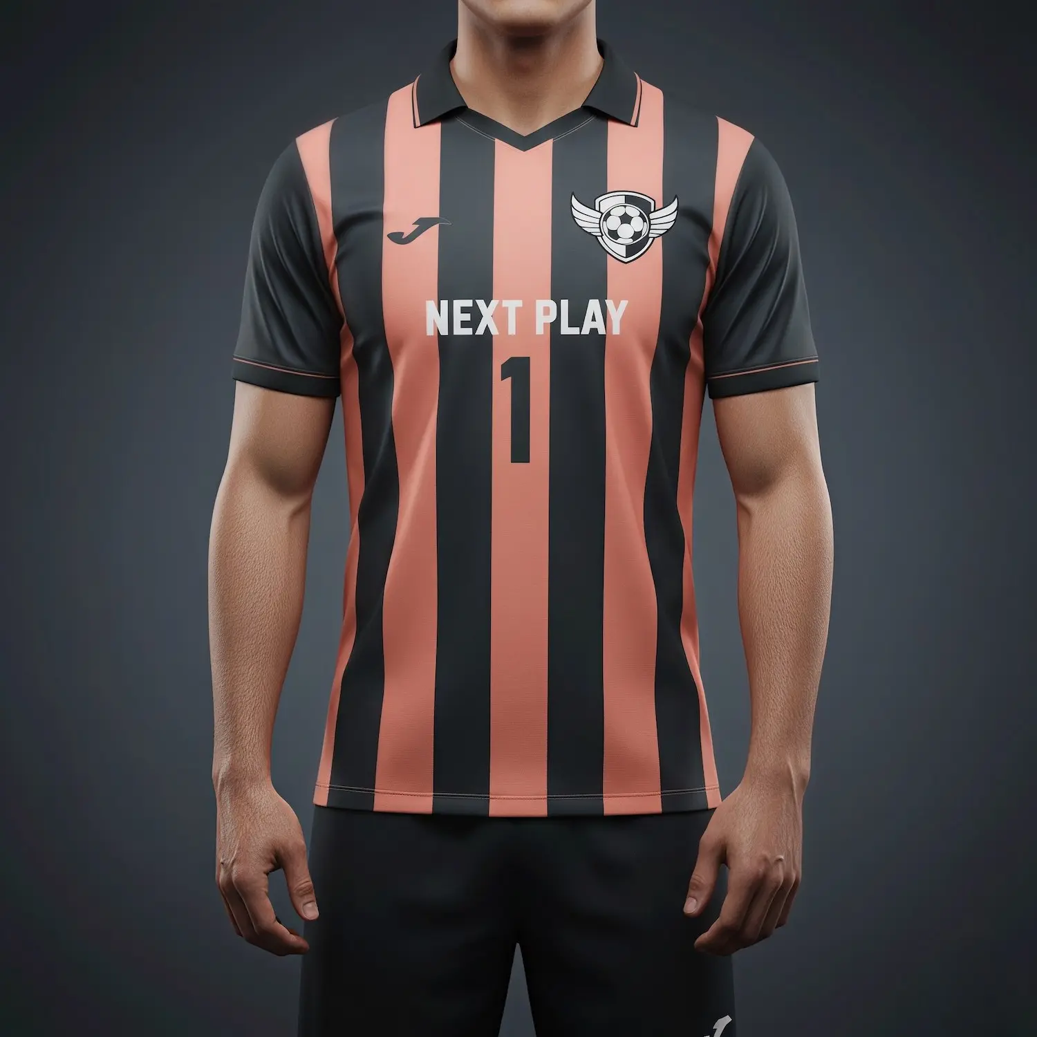 Soccer team wearing custom blue and white jerseys with structured lapel flat V-neck collars