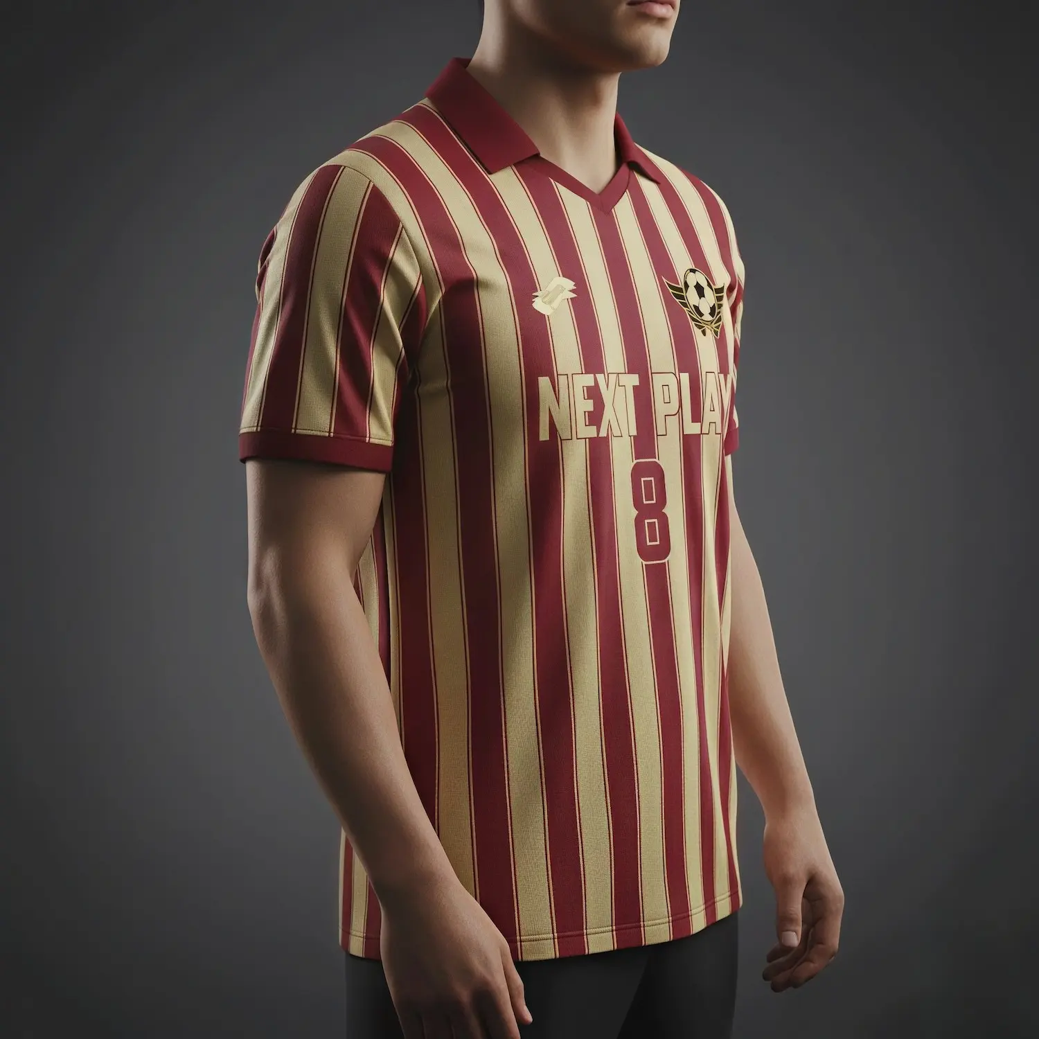 Soccer team wearing custom red and white mesh jerseys with structured lapel flat V-neck collars