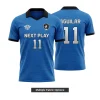 Soccer team wearing custom grey and blue performance mesh jerseys with structured lapel V-neck collars