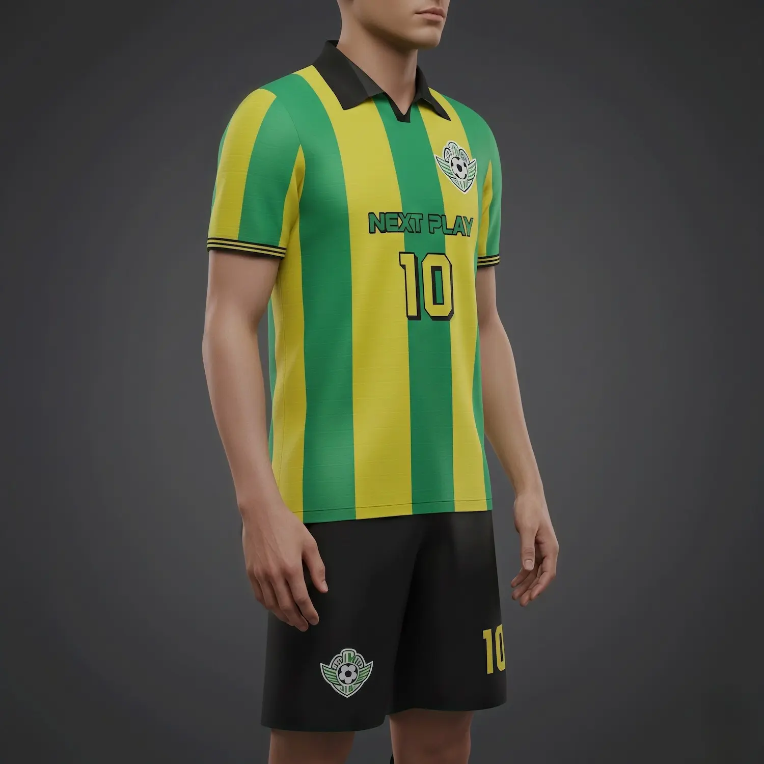 Soccer team wearing complete uniform sets with flat lapel neck jerseys and matching shorts