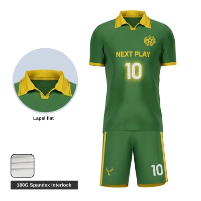 Soccer team wearing complete spandex uniform sets with flat lapel neck jerseys and matching compression shorts