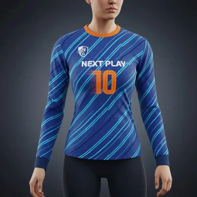 Soccer player wearing long sleeve jersey with folded stitch cuffs and round neck during cool weather training