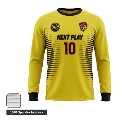 Athlete demonstrating full range of motion in long sleeve spandex soccer jersey during cool weather training