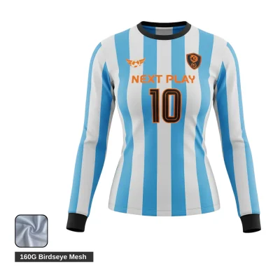 Soccer player wearing long sleeve birdseye mesh jersey demonstrating breathability during warm weather match