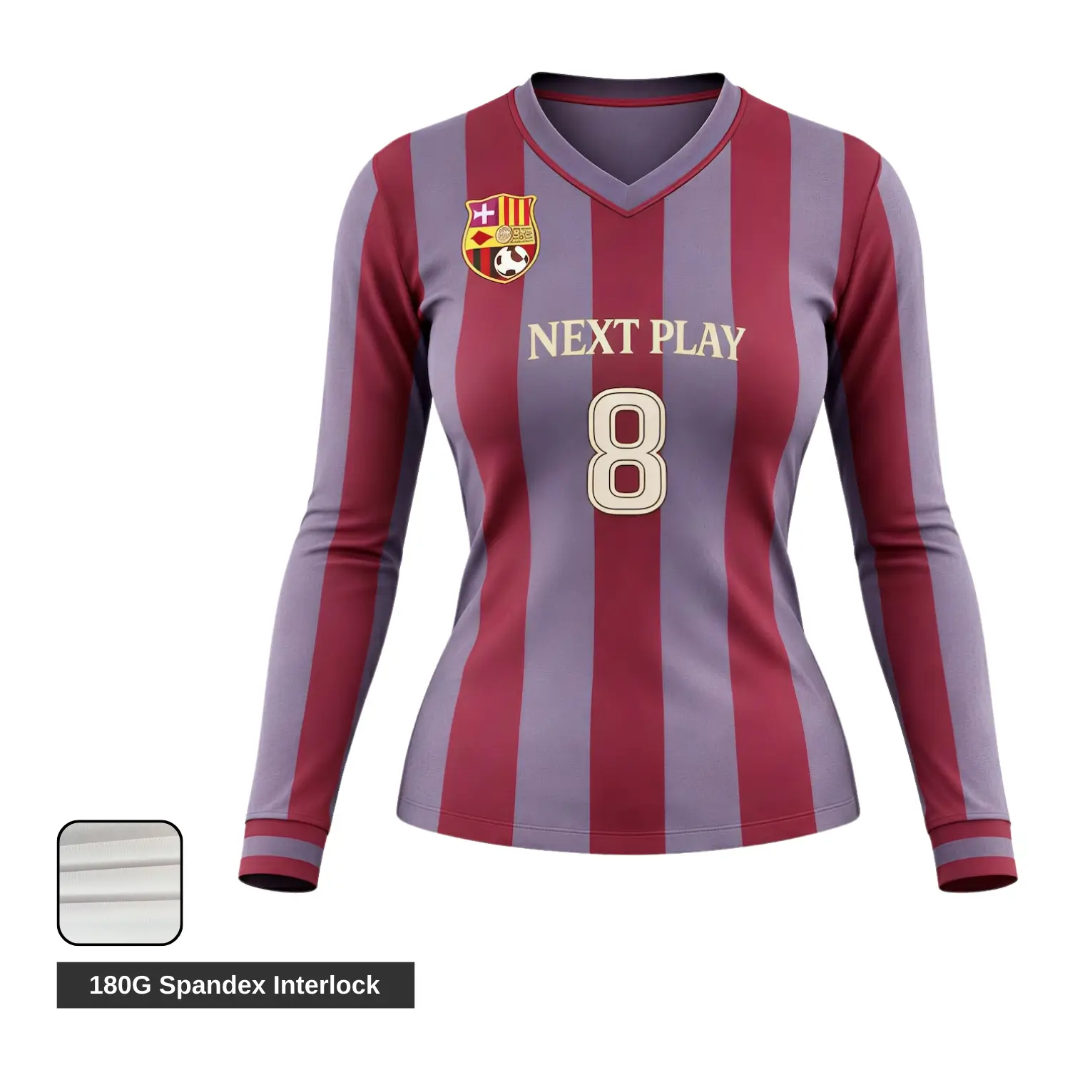 Athlete in a long sleeve spandex V-neck soccer jersey demonstrating stretch and movement