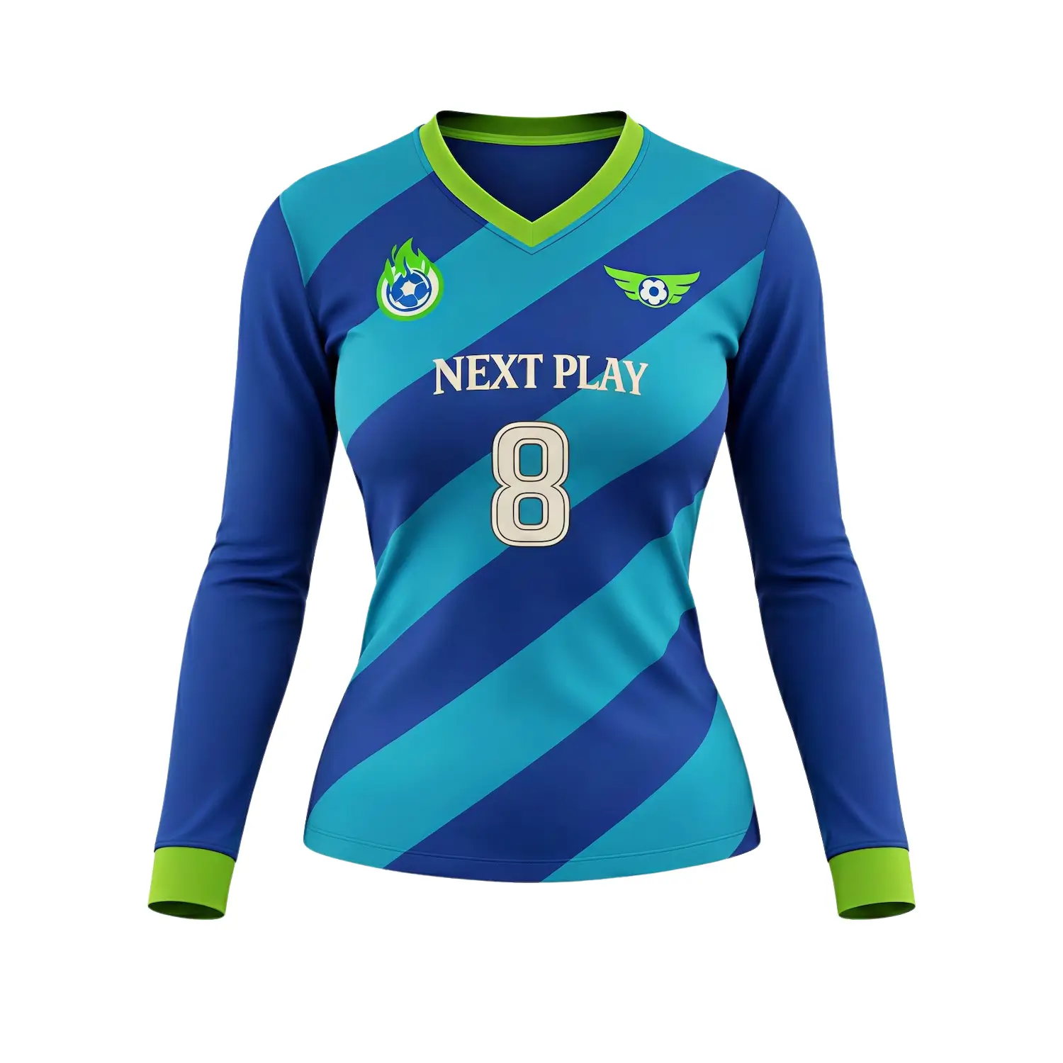 Women's soccer team wearing contoured long sleeve V-neck jerseys during a match