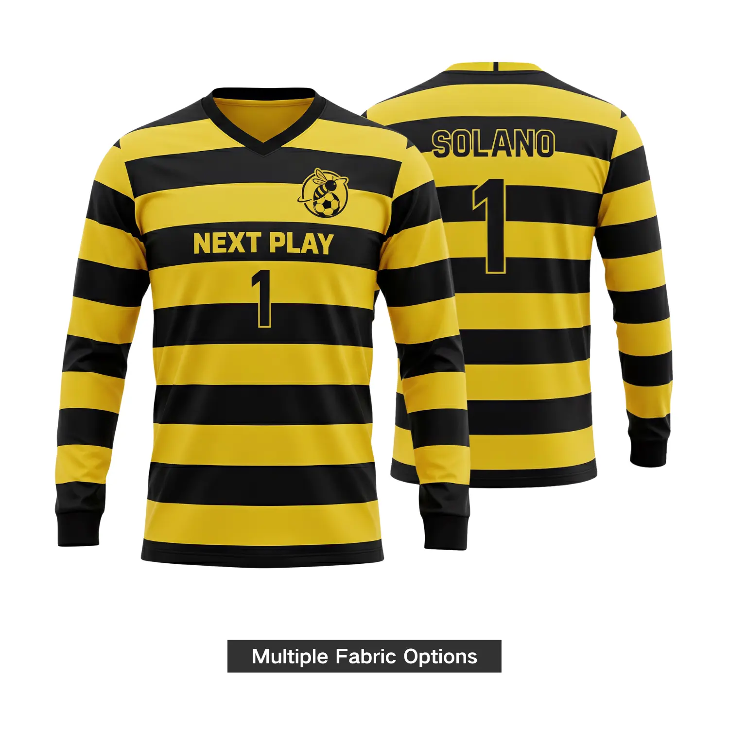 Elite soccer team in advanced long sleeve performance mesh V-neck jerseys during a match