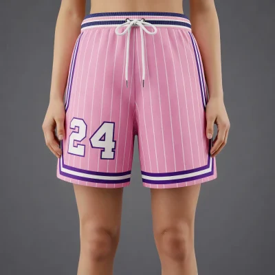 Female basketball player wearing 2-inch inseam pro-style NBA fabric shorts.