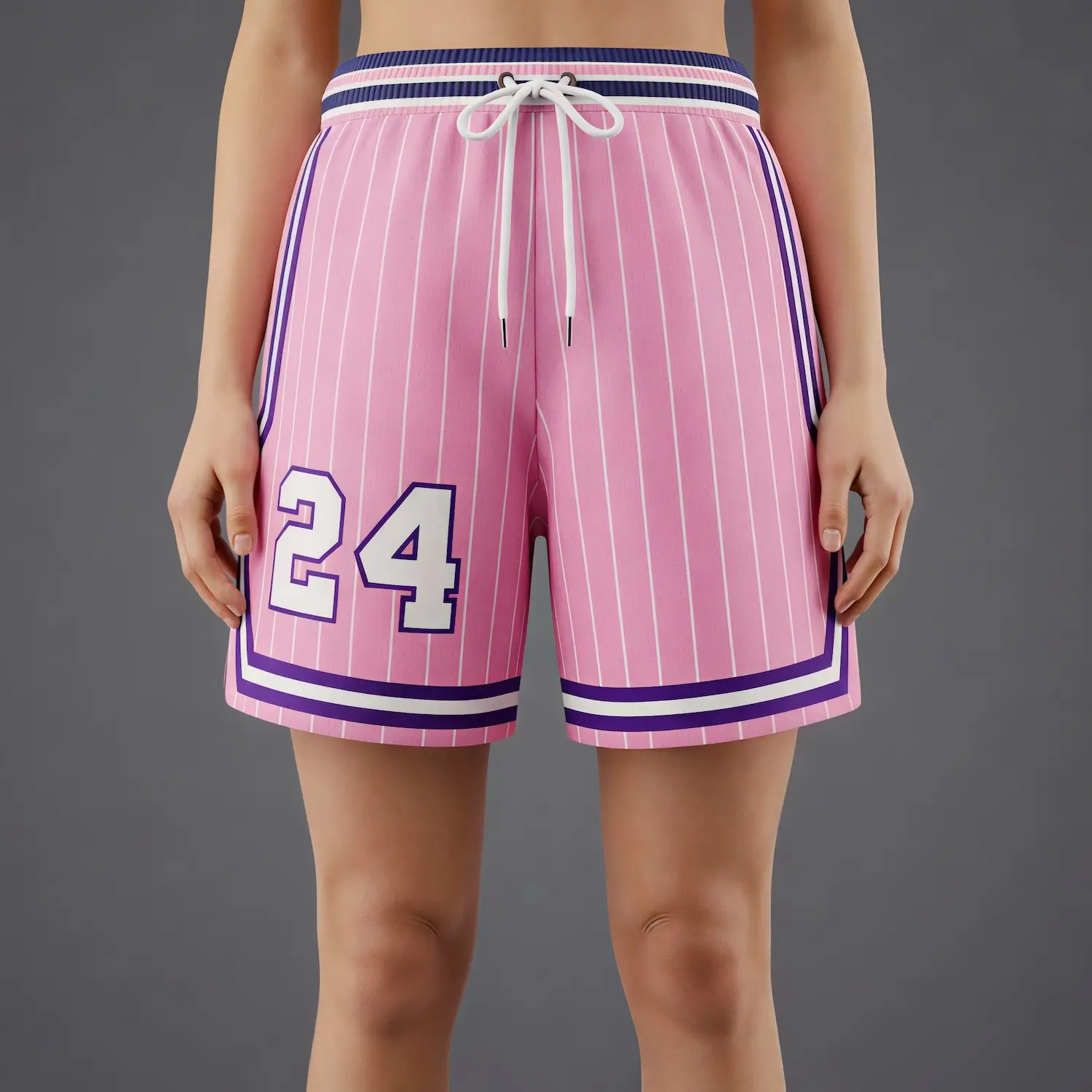 Female basketball player wearing 2-inch inseam pro-style NBA fabric shorts.