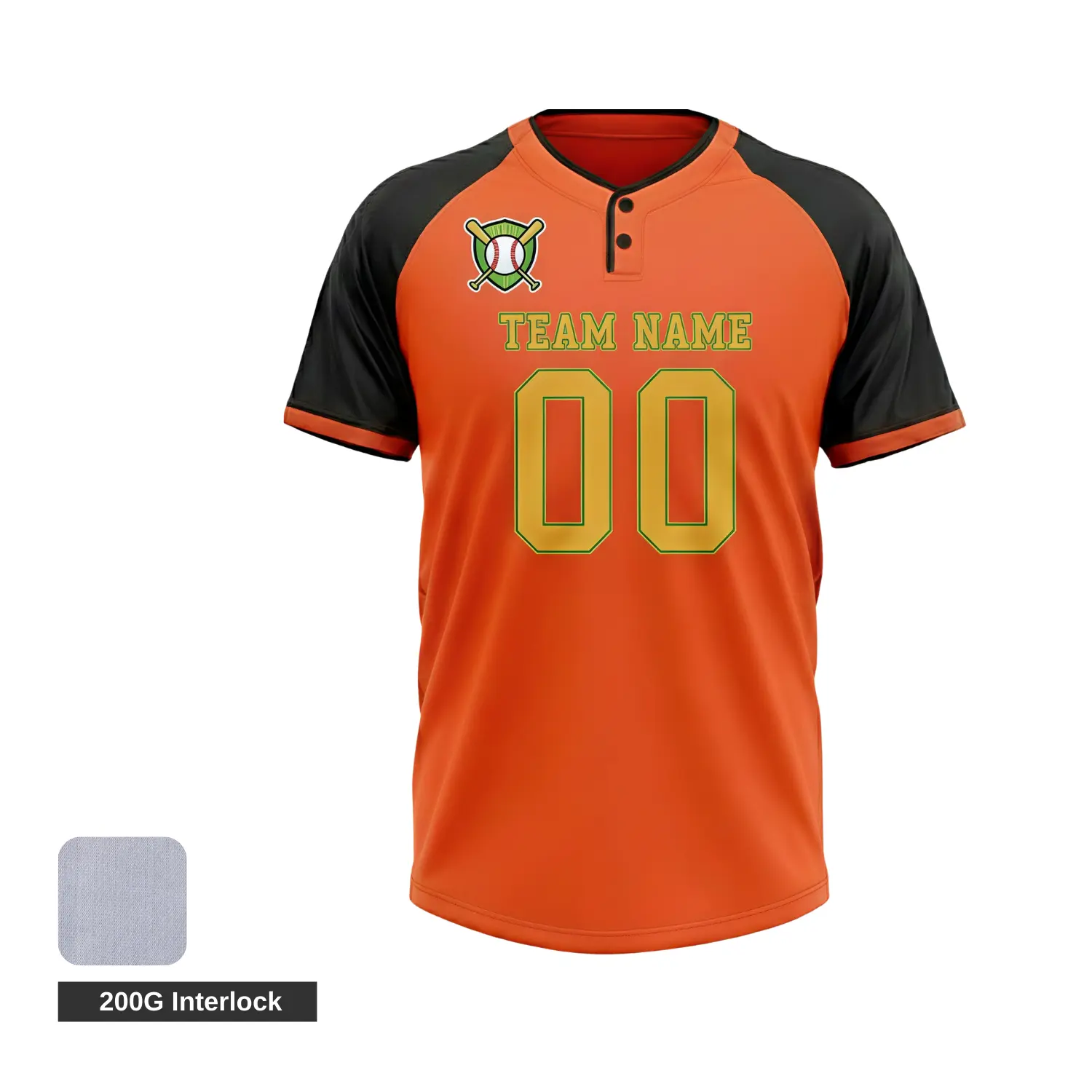 A premium custom 2-button baseball jersey made from durable 200G Interlock fabric with full sublimation printing.