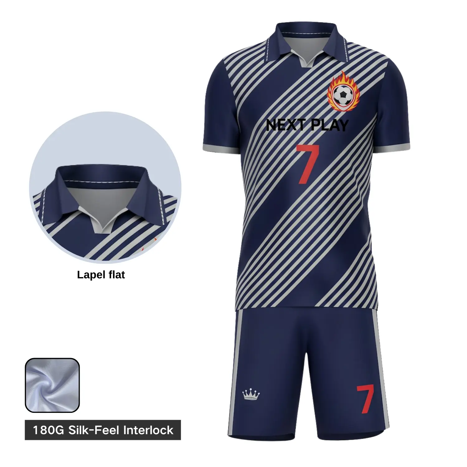 Elite soccer team wearing complete silk-feel uniform sets with flat lapel neck jerseys and matching luxury shorts