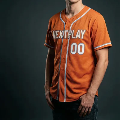 A classic full-button front baseball jersey custom sublimated with team logos, made from durable 200G Interlock fabric.