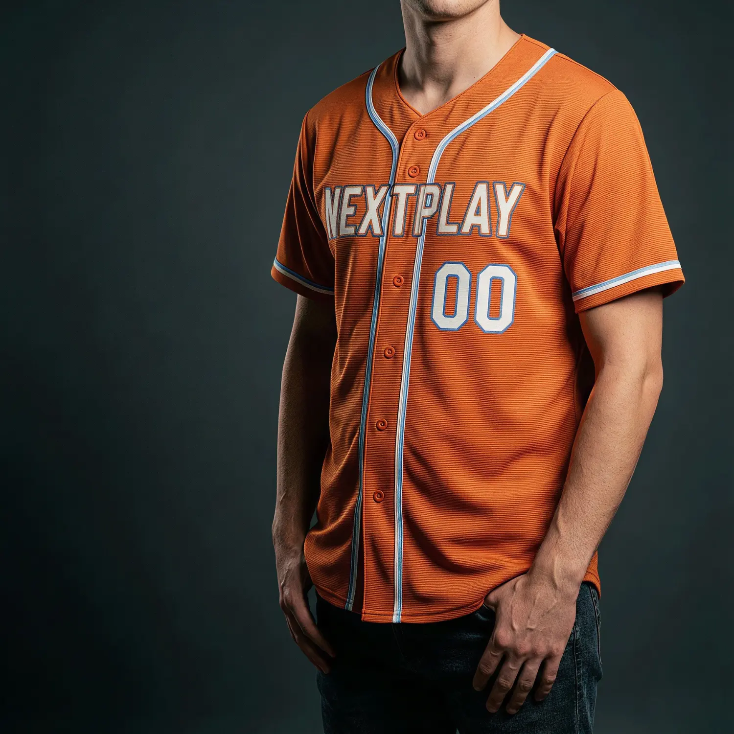 A classic full-button front baseball jersey custom sublimated with team logos, made from durable 200G Interlock fabric.
