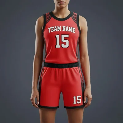 Women's-specific 160G Birdseye Mesh basketball uniform kit with a contoured jersey and shorter shorts for a perfect fit.