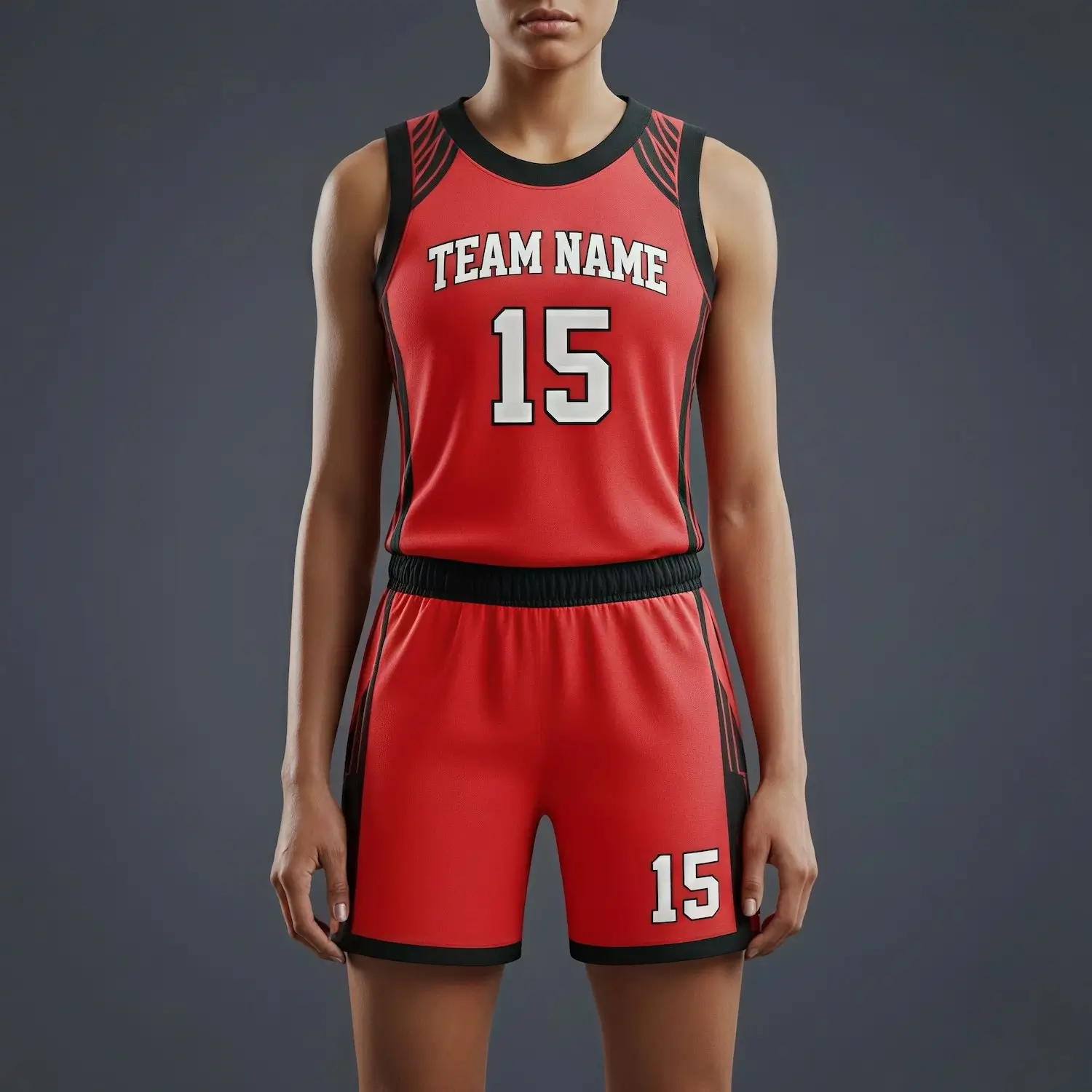 Women's-specific 160G Birdseye Mesh basketball uniform kit with a contoured jersey and shorter shorts for a perfect fit.
