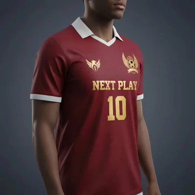 Soccer team wearing custom navy and gold luxury silk-feel jerseys with structured lapel flat V-neck collars