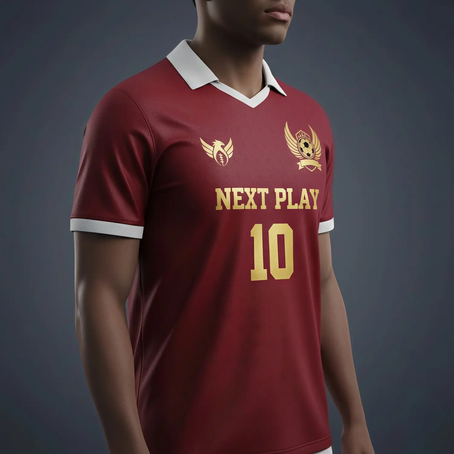 Soccer team wearing custom navy and gold luxury silk-feel jerseys with structured lapel flat V-neck collars