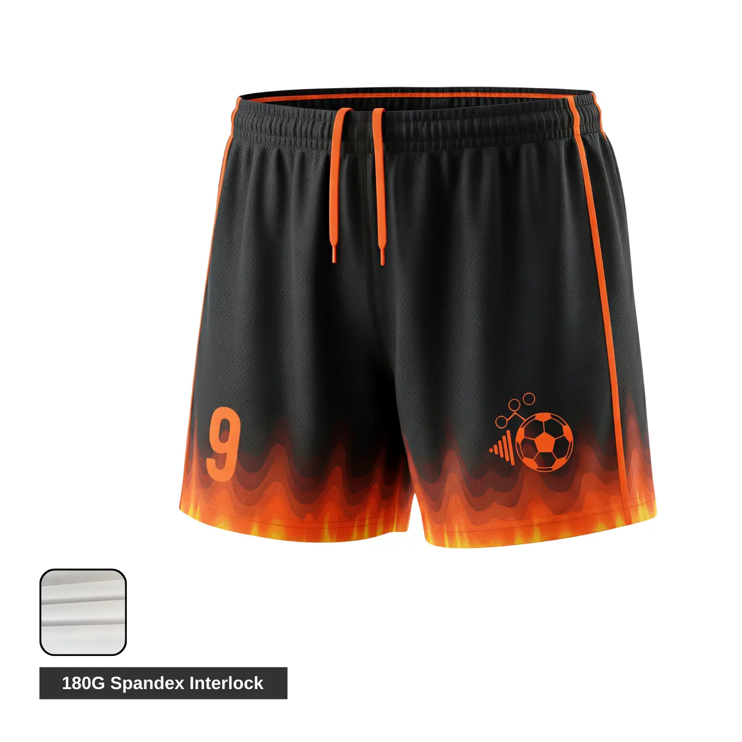 Female athlete demonstrating movement in contoured spandex interlock soccer shorts