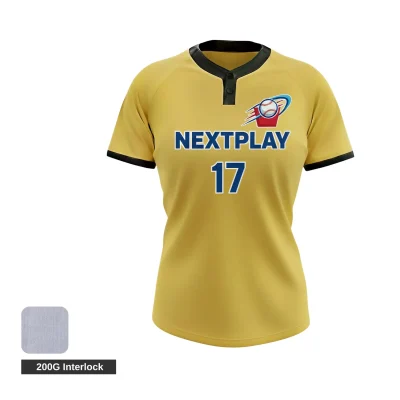 A premium custom 2-button baseball jersey made from durable 200G Interlock fabric with full sublimation printing.