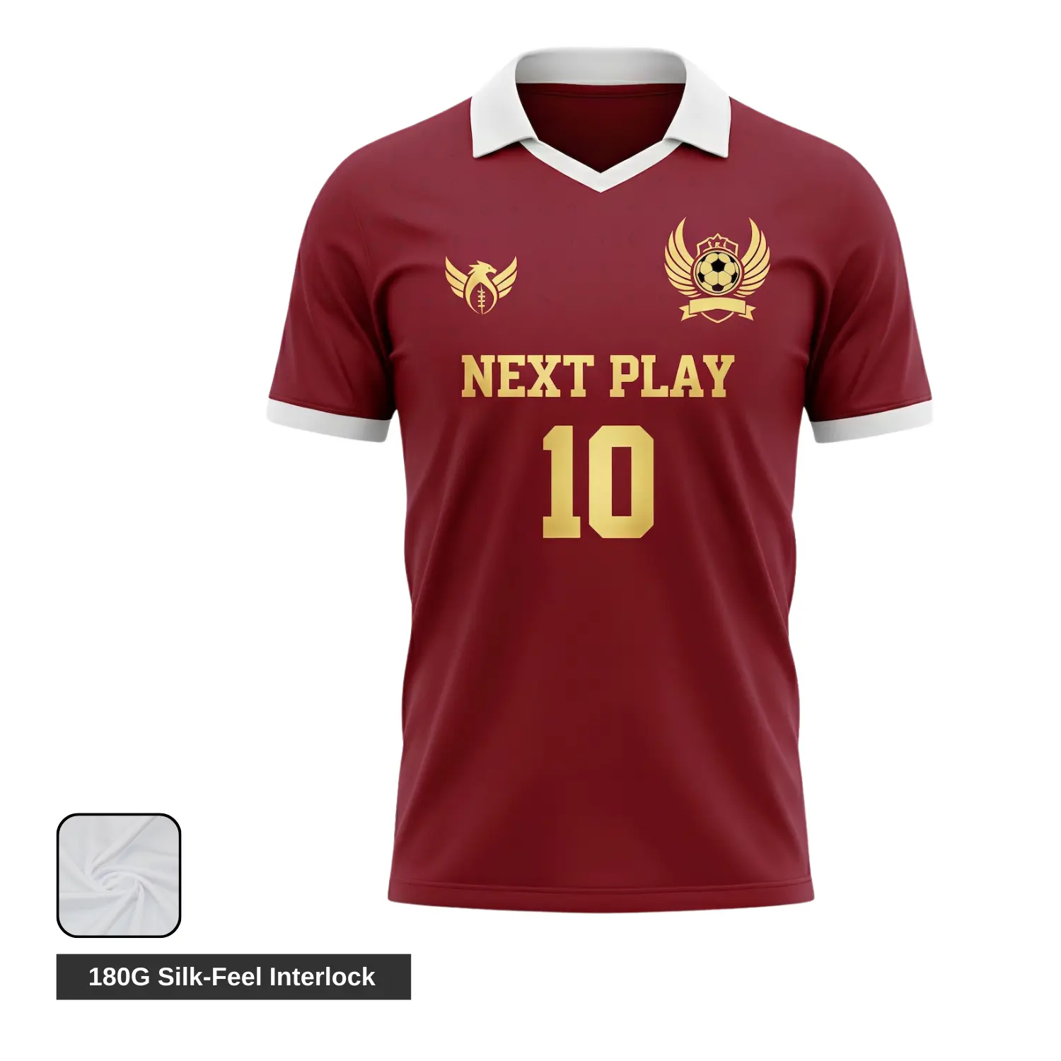 Soccer team wearing custom navy and gold luxury silk-feel jerseys with structured lapel flat V-neck collars