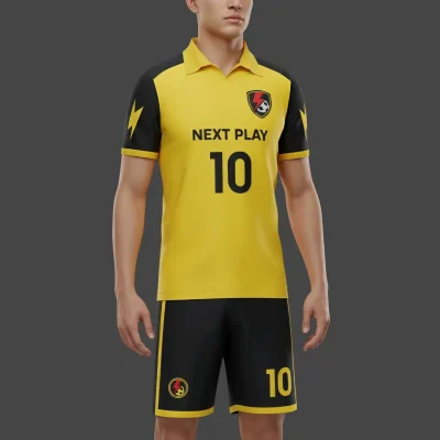 Competitive soccer team wearing complete performance mesh uniform sets with flat lapel neck jerseys and matching athletic shorts