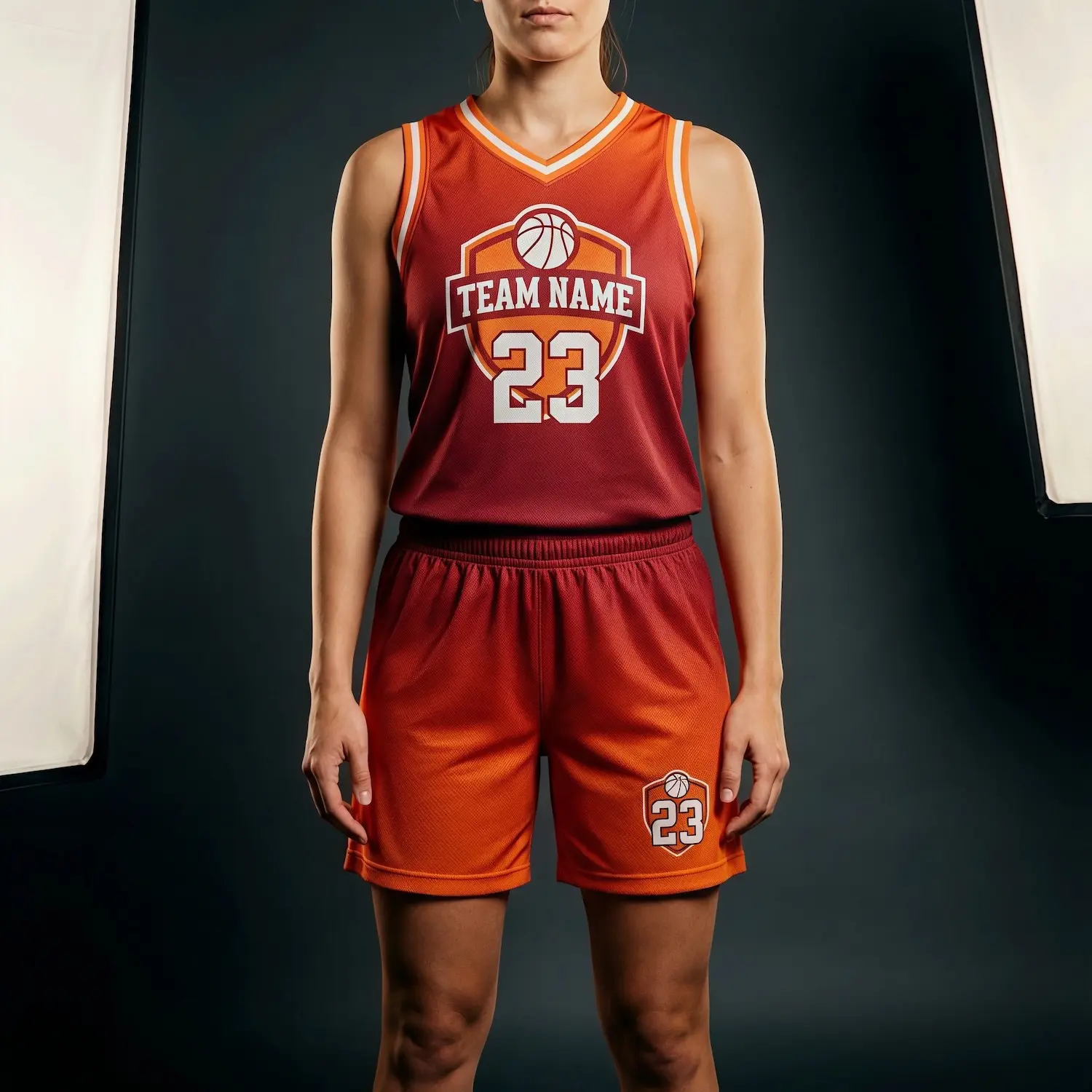 Women's-specific V-neck basketball uniform kit with a classic collar, contoured fit, and breathable 160G Birdseye Mesh.