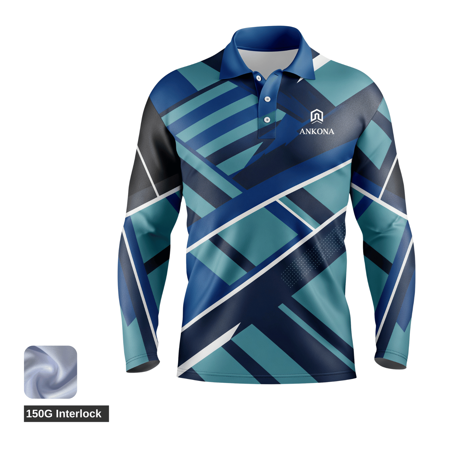A custom sublimated fishing polo shirt, made from 180G Smooth Interlock fabric with UPF 50+ sun protection, worn on a boat.