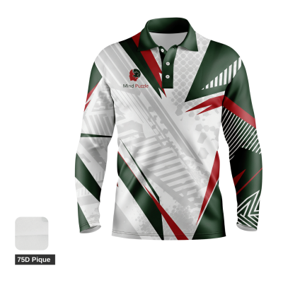 A custom sublimated long sleeve polo shirt featuring a classic pique knit texture, worn in a professional or golf setting.