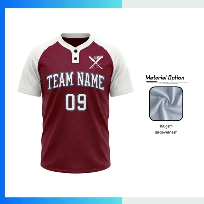 Sublimation 2-Button Front Baseball Jersey with 160G Birdseye Mesh
