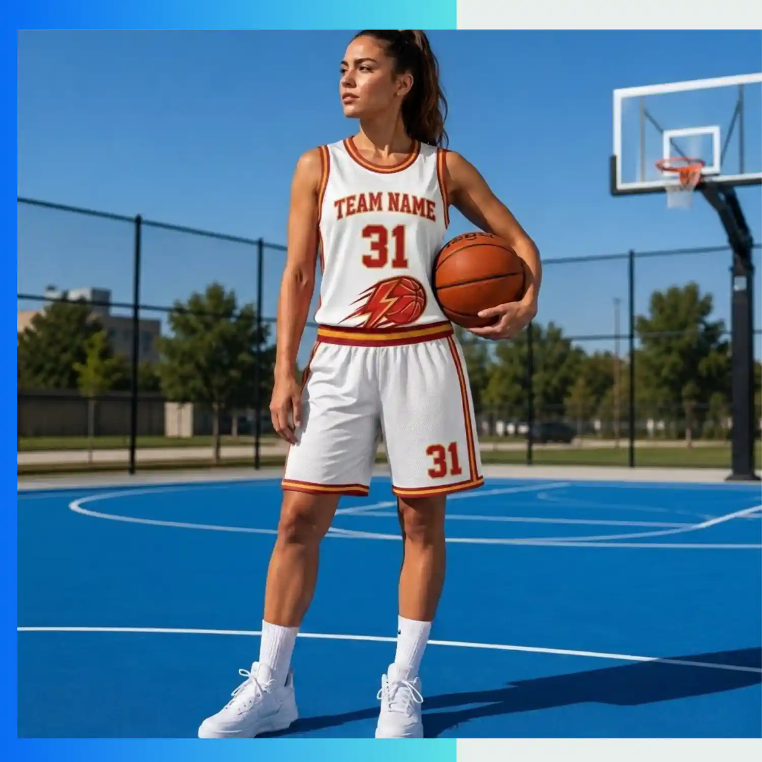 Custom Women’s Basketball Uniform Kits with 150GSM Flashed V Fabric - Image 3