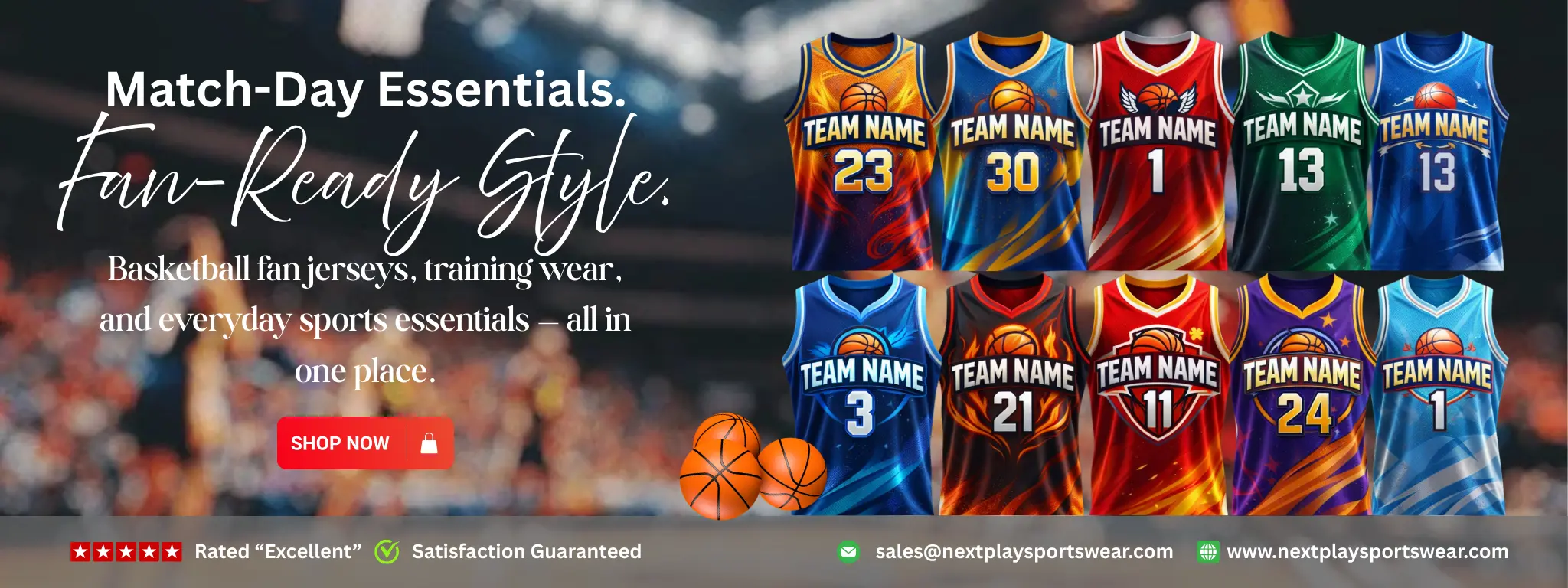 Custom basketball fan jerseys and sportswear by NextPlay Sportswear, featuring vibrant team designs for match day, training, and everyday wear