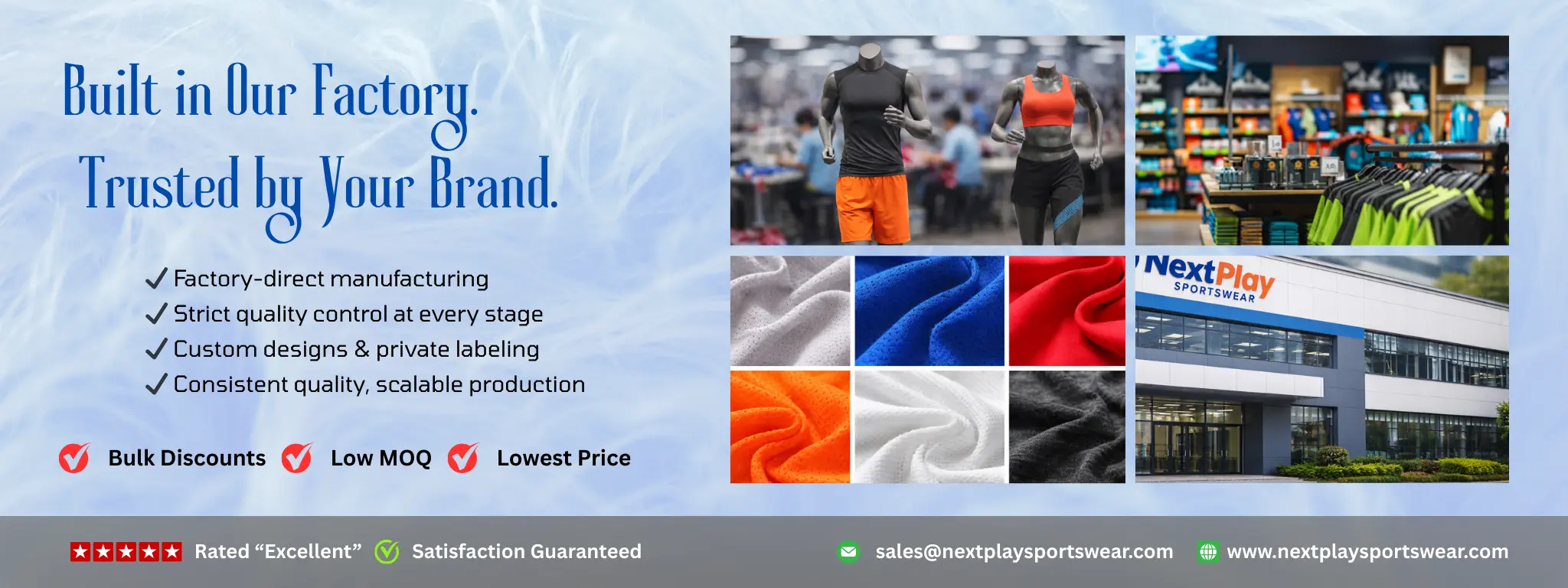 Factory-direct custom sportswear manufacturing by NextPlay Sportswear, showcasing quality control, fabric options, and scalable production