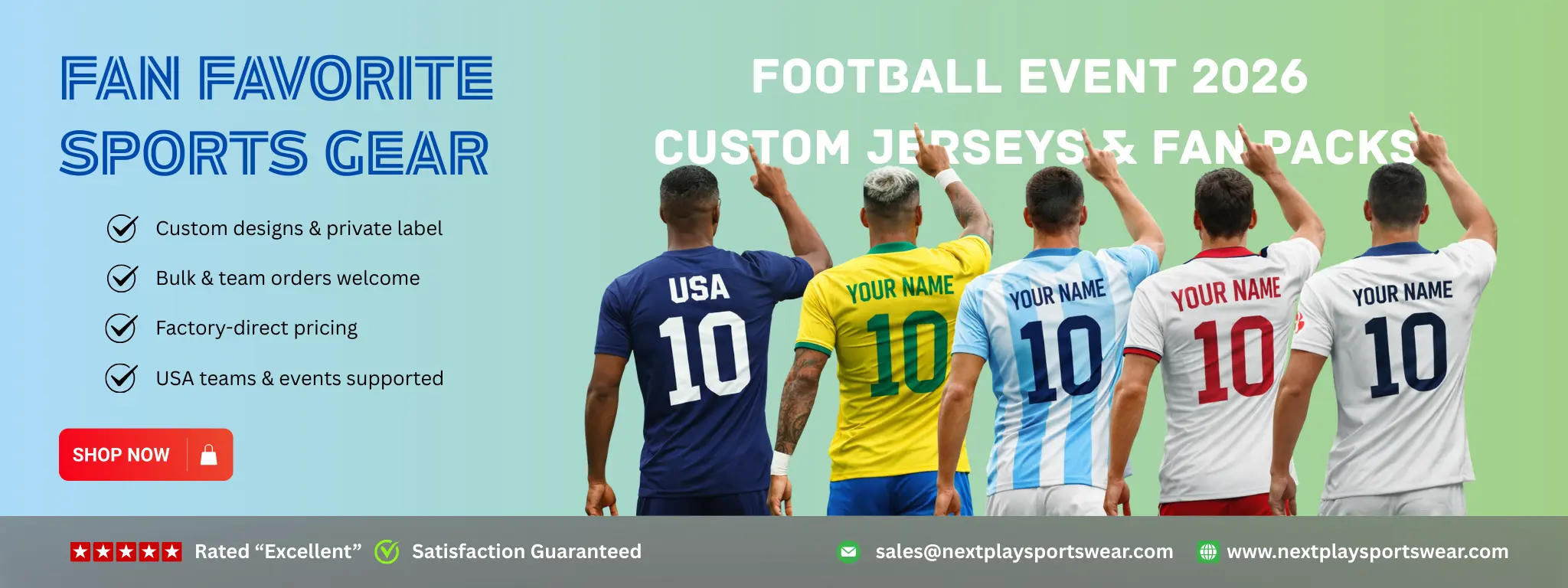 Fans wearing custom football jerseys with personalized names and numbers for the 2026 football event, showcasing fan packs by NextPlay Sportswear