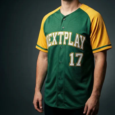 A premium solid-color full-button baseball jersey with embroidered team logos on the chest, back, and sleeve.