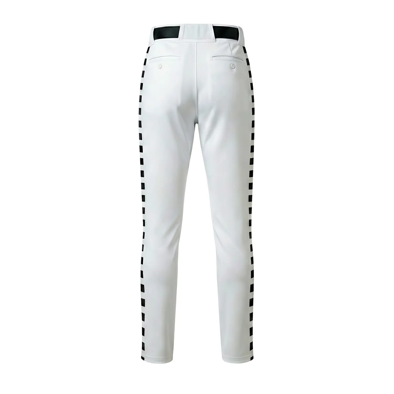 A pair of premium white baseball pants with a grey contrast pocket, side piping, and an embroidered team logo.
