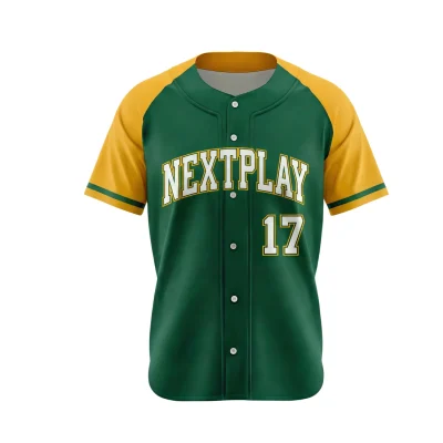 A premium solid-color full-button baseball jersey with embroidered team logos on the chest, back, and sleeve.